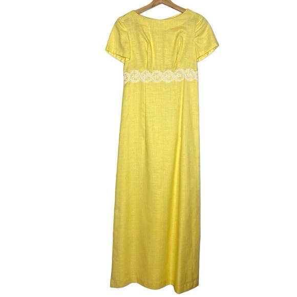 Vintage 60s Butter Yellow Maxi Gown Women XS Lace Retro Glam Regency Formal Prom - Picture 11 of 11